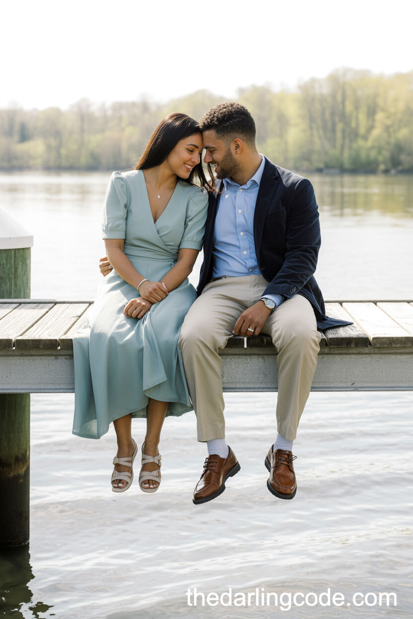 Light Blue Wrap Dress And Navy Sport Coat On A Tranquil Lakeside Dock
