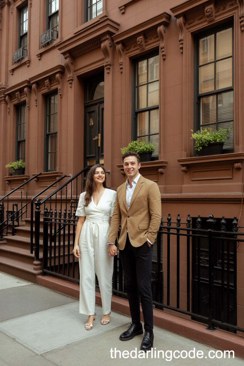 Chic White Jumpsuit Paired With Tan Blazer For An Urban Brownstone Shoot