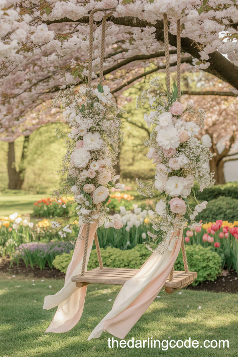 Romantic Garden Swings Draped In Ribbons And Flowers