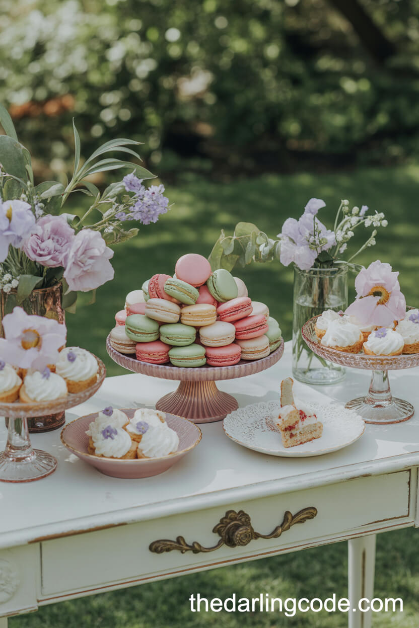 Spring Dessert Table With Pastel Macarons And Mini Cakes
