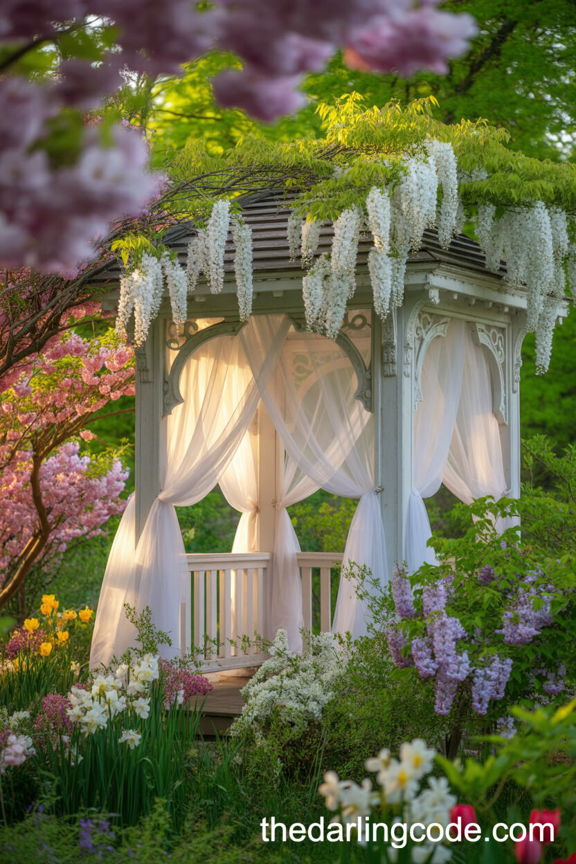 Garden Gazebo Draped In Sheer Veils And Wisteria Blooms