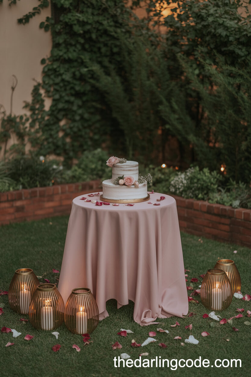 Intimate Wedding Cake Table Surrounded By Candles And Petals