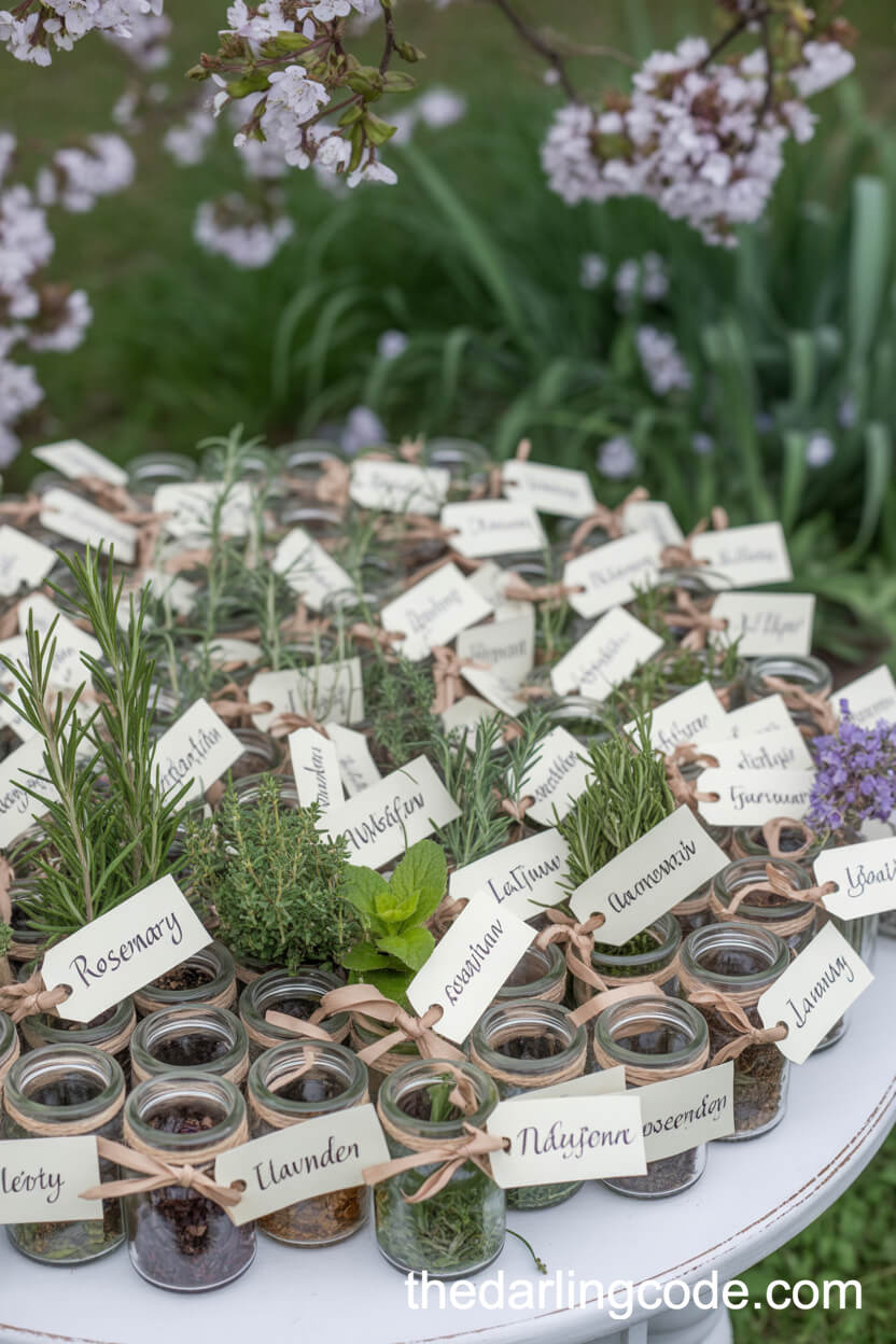Herb Jar Wedding Favors With Personalized Name Tags