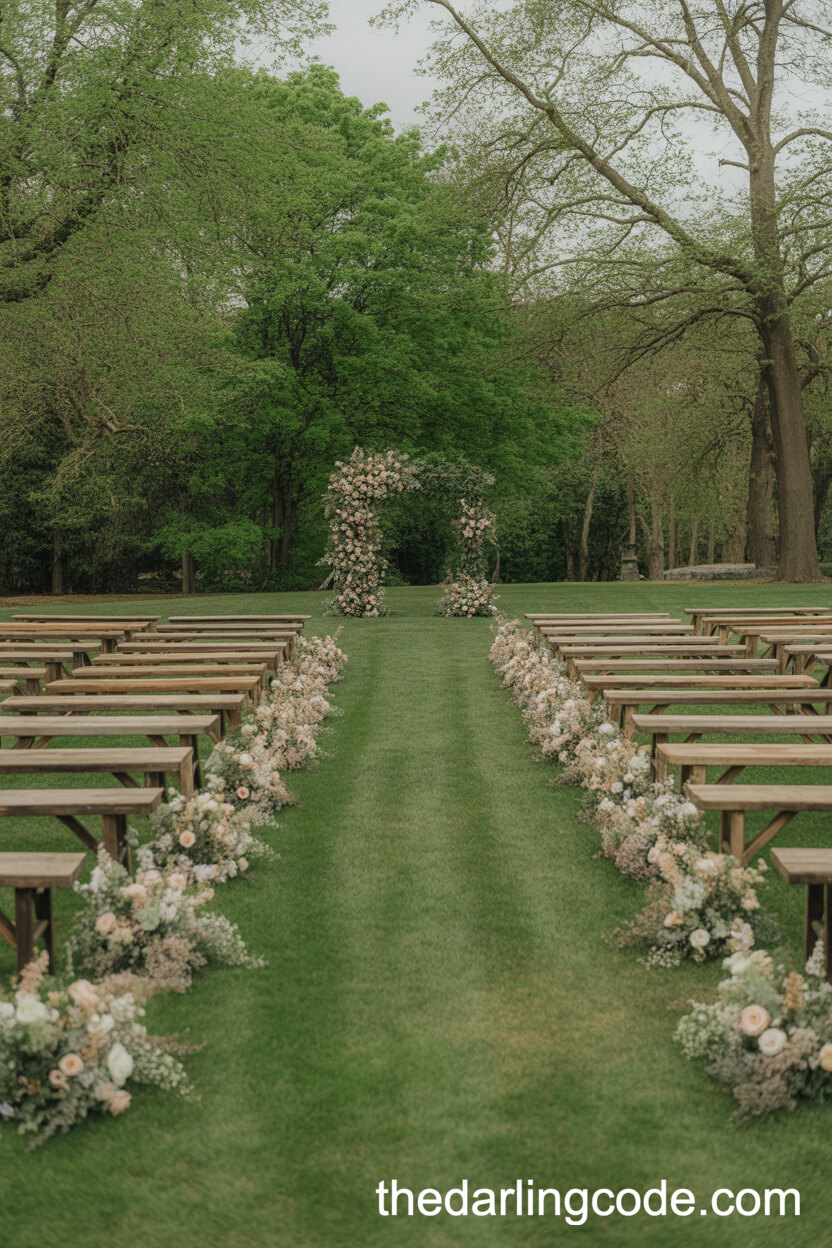 Rustic Wooden Benches And Wildflower Ceremony Aisles