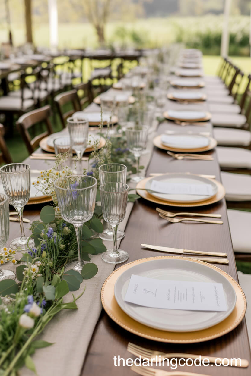 Wildflower Table Runners On Outdoor Farmhouse Tables