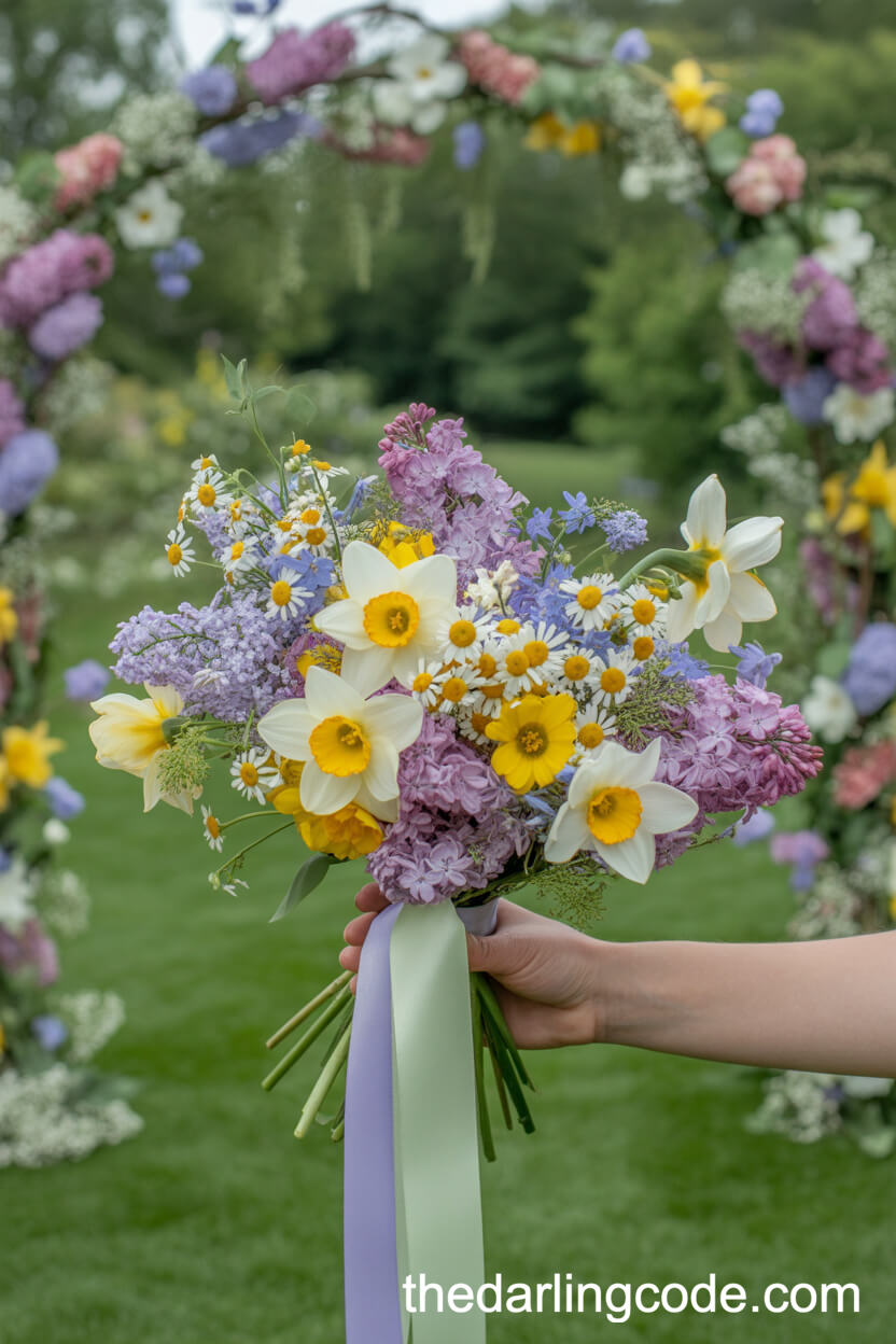 Wildflower Spring Bouquet With Daffodils Lilacs And Daisies