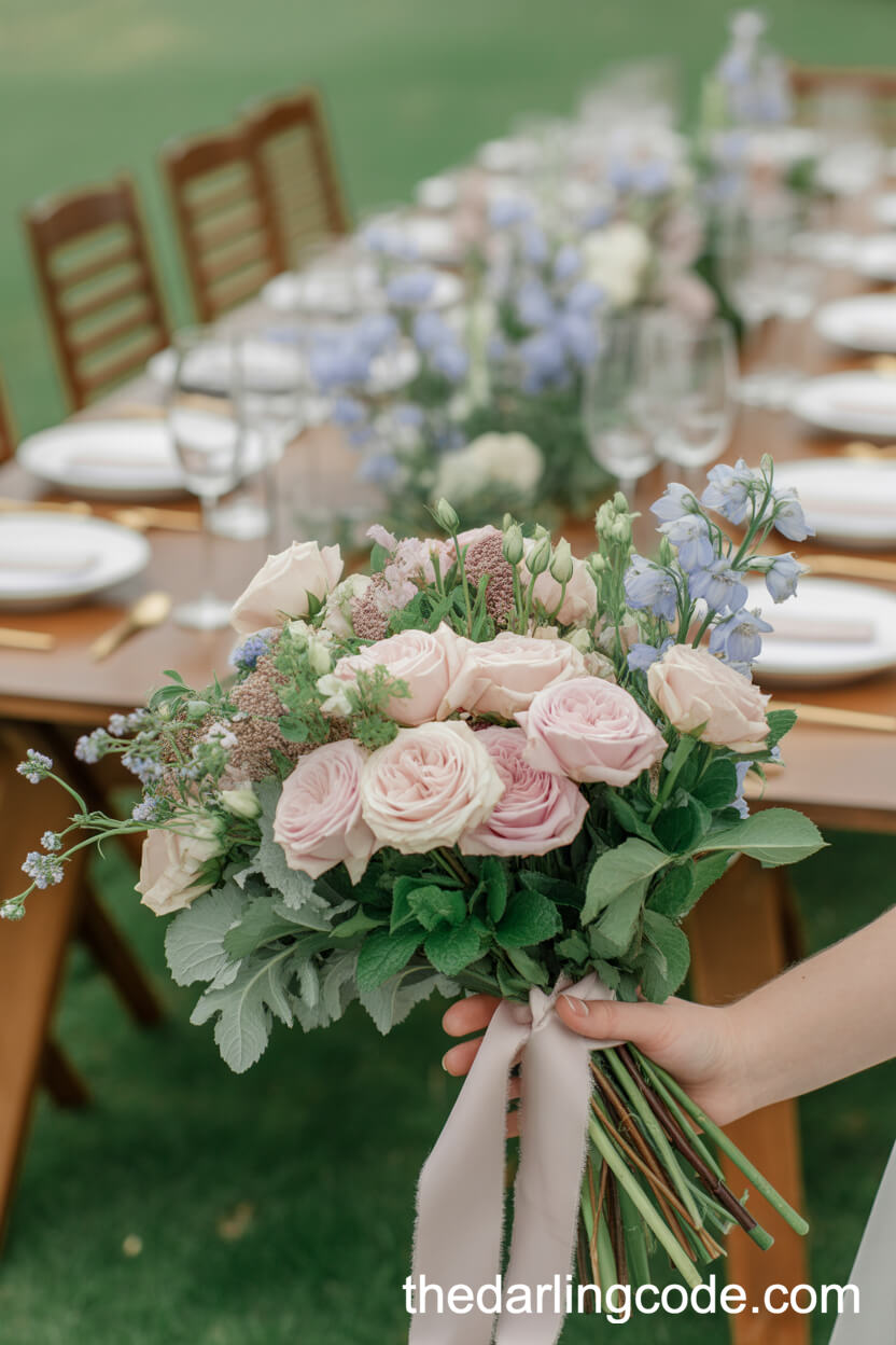 Lush Spray Rose And Delphinium Spring Wedding Bouquet