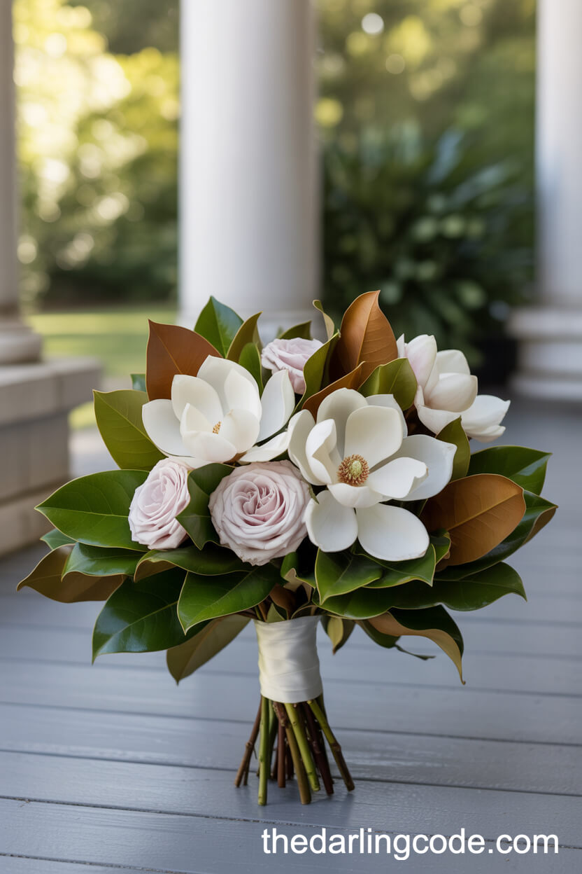 Elegant Magnolia And Blush Rose Wedding Bouquet