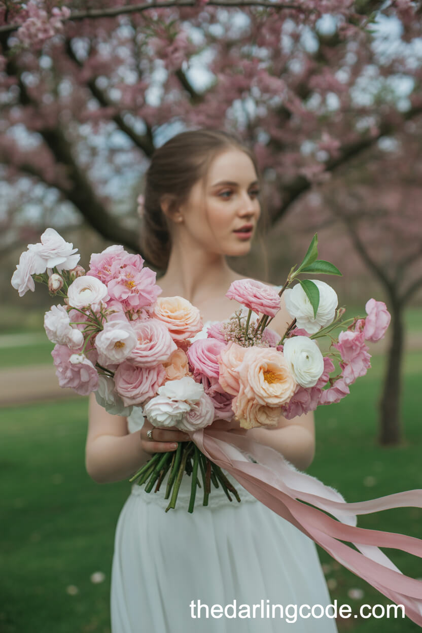 Dreamy Peach Blossom And Pink Rose Wedding Bouquet