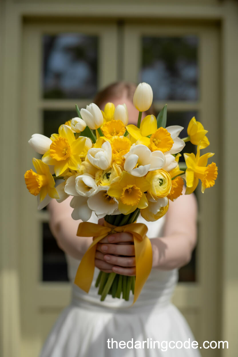 Cheerful Daffodil And Yellow Ranunculus Wedding Bouquet
