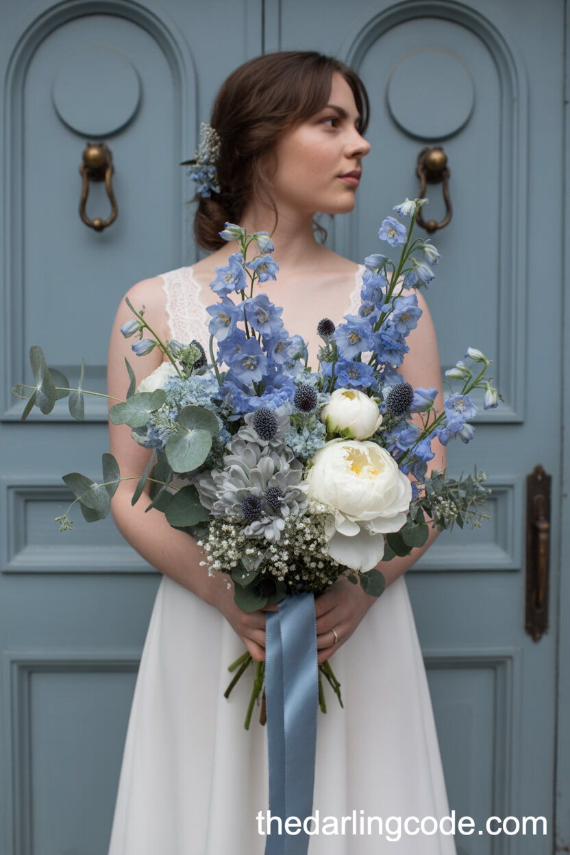 Soft Dusty Blue Delphinium And Peony Wedding Bouquet