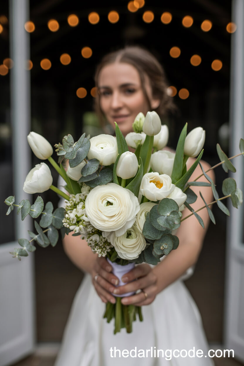 Contemporary All-White Wedding Bouquet With Ranunculus And Tulips