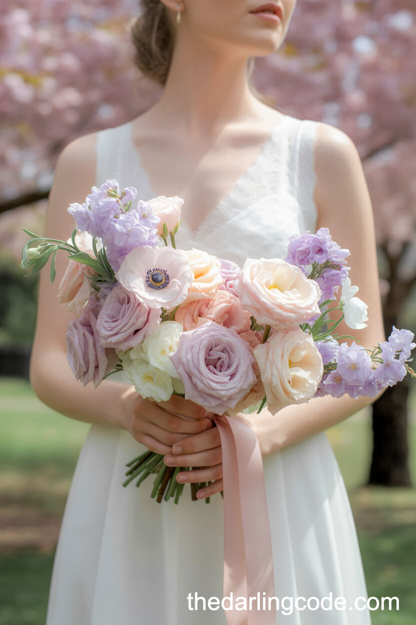 Pastel-Colored Wedding Bouquet With Roses, Stock, And Anemones