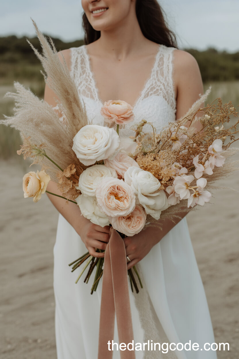 Bohemian Wedding Bouquet With Garden Roses, Ranunculus, And Pampas Grass