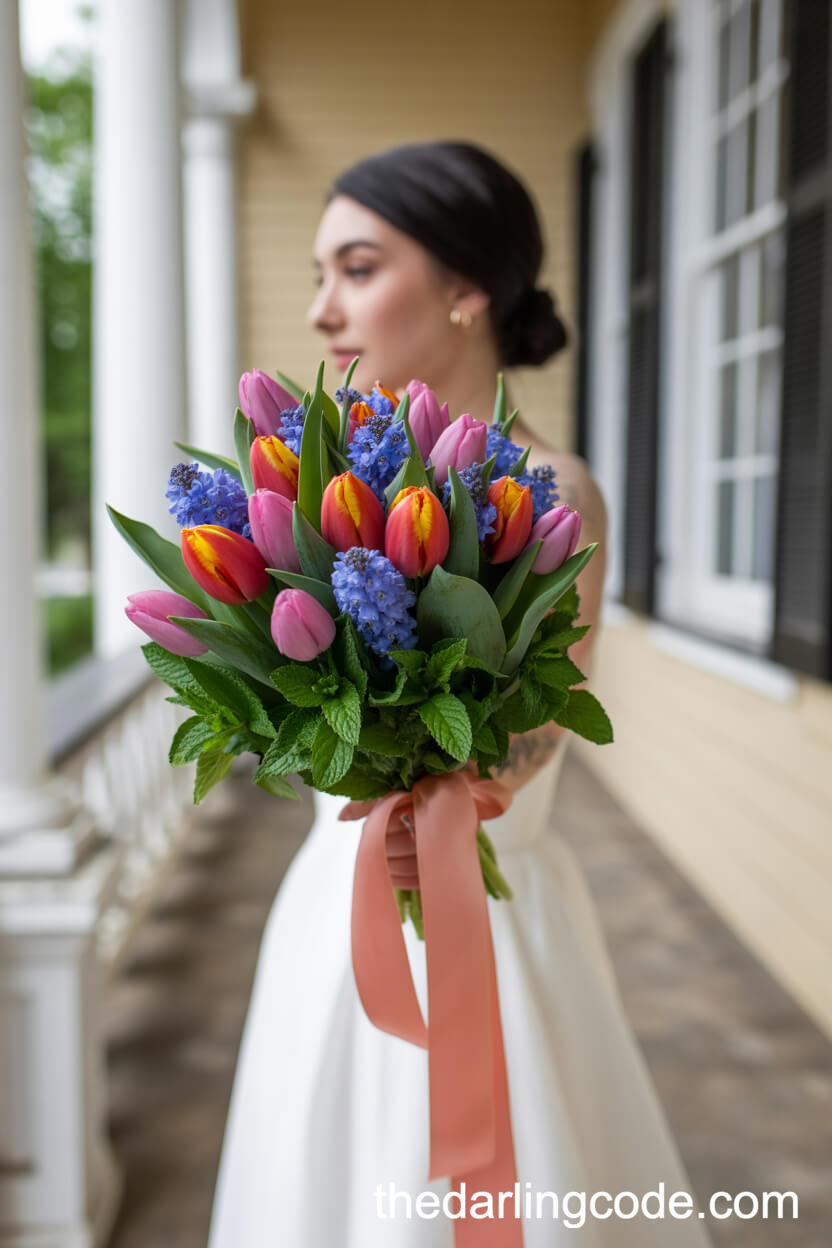 Statement Tulip And Muscari Wedding Bouquet In Pink, Orange, And Blue