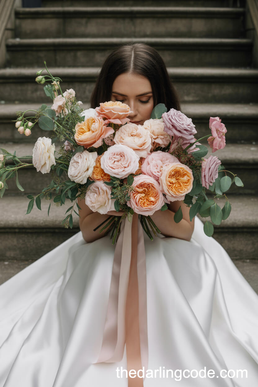 English Garden Roses Wedding Bouquet In Peach, Apricot, And Blush