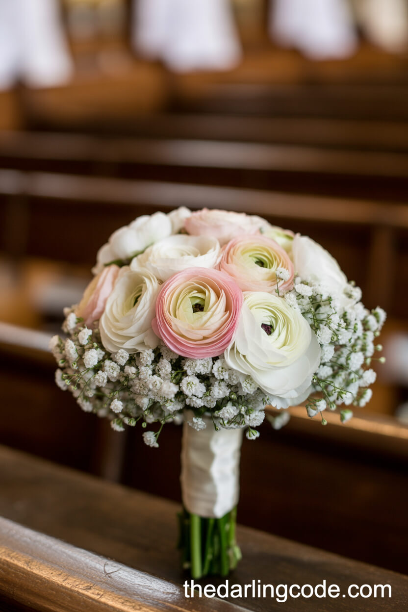 Delicate Ranunculus And Baby’s Breath Wedding Bouquet