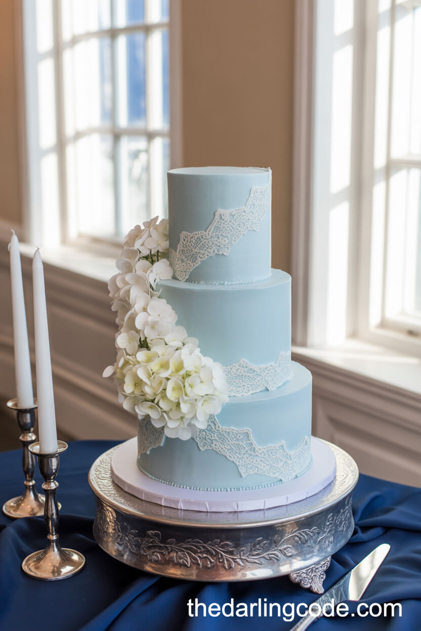 Pale Blue Fondant Cake With Sugar Lace And Hydrangeas