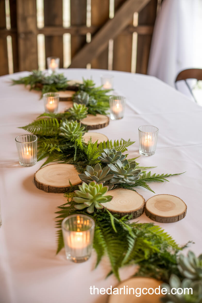 Fern Garland And Succulent Wood Slice Centerpiece