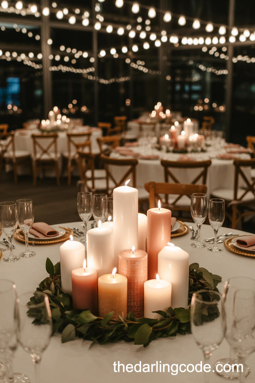 Blush And White Pillar Candle Centerpiece With Greenery