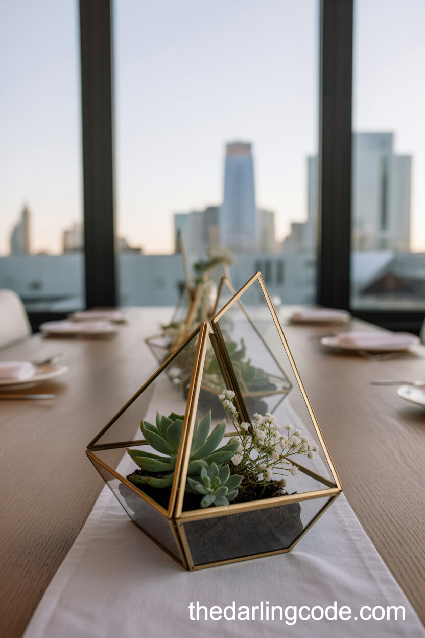 Geometric Terrarium With Succulents And Gold Accents Centerpiece