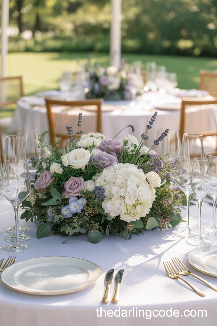Overflowing White Hydrangea And Lavender Floral Centerpiece