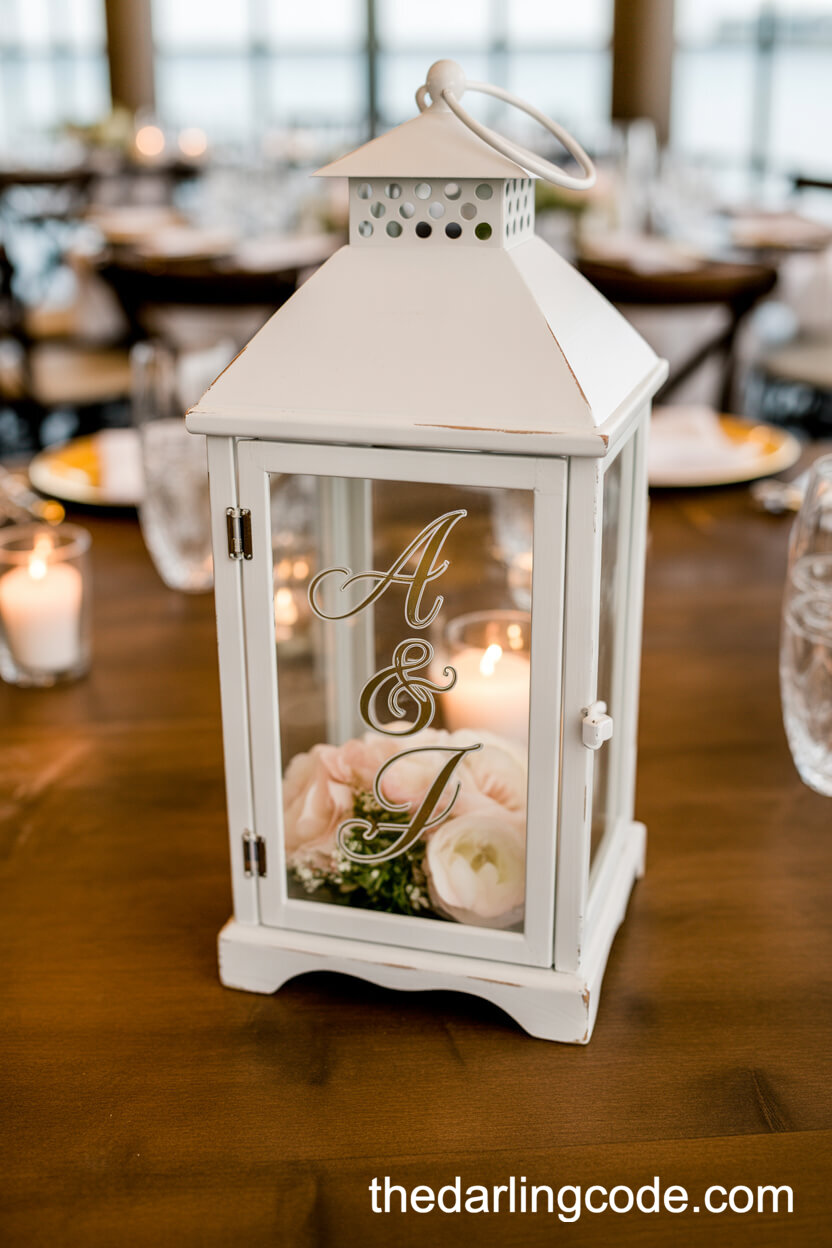 White Vintage Lantern With Blush Florals Centerpiece