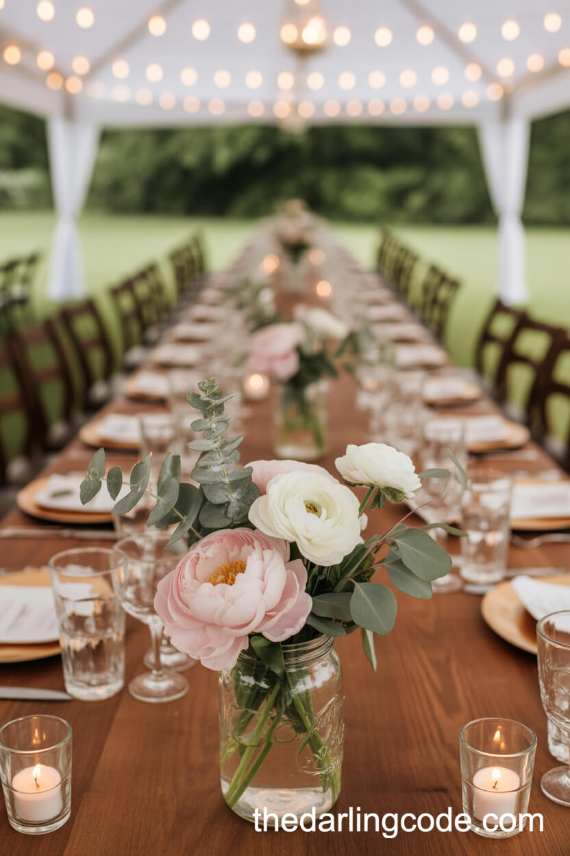 Mason Jar Centerpieces With Pink Peonies And Eucalyptus