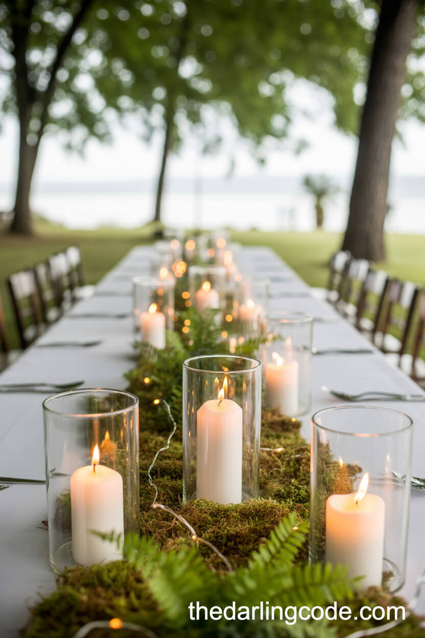 Moss Runner With Pillar Candles And Ferns Centerpiece