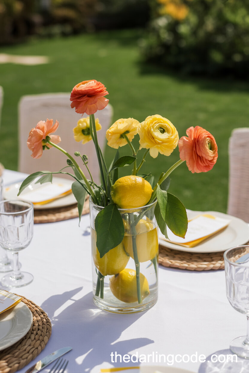 Lemon And Ranunculus Vase Centerpiece