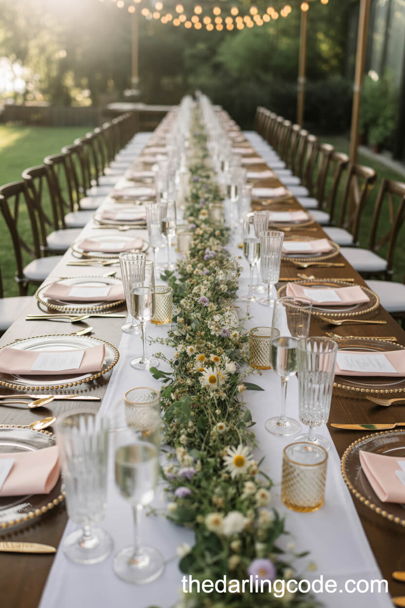 Outdoor Reception Tablescape With Floral Runners