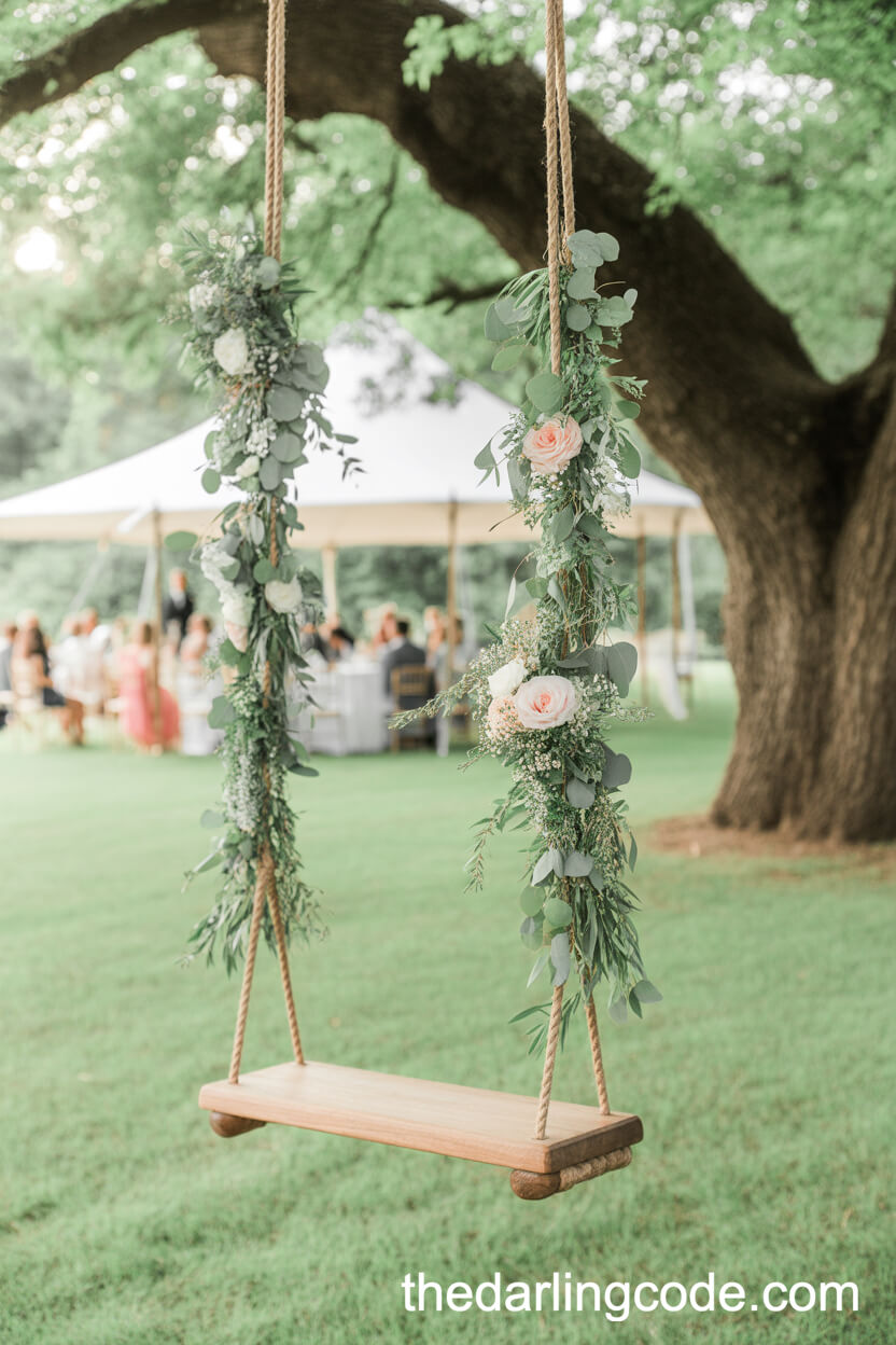 Flower-Adorned Swing For Whimsical Wedding Photos