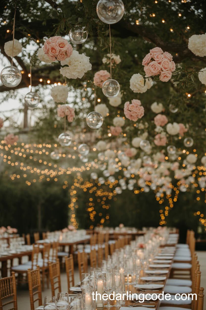 Fairy Light-Filled Floral Ceiling Dining
