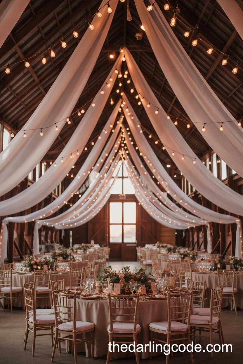 Glowing Barn Canopy With Fairy Lights And Draped Fabric