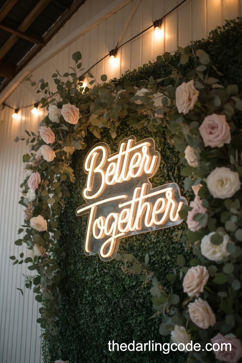 Custom Neon Sign on a Lush Greenery Barn Wall