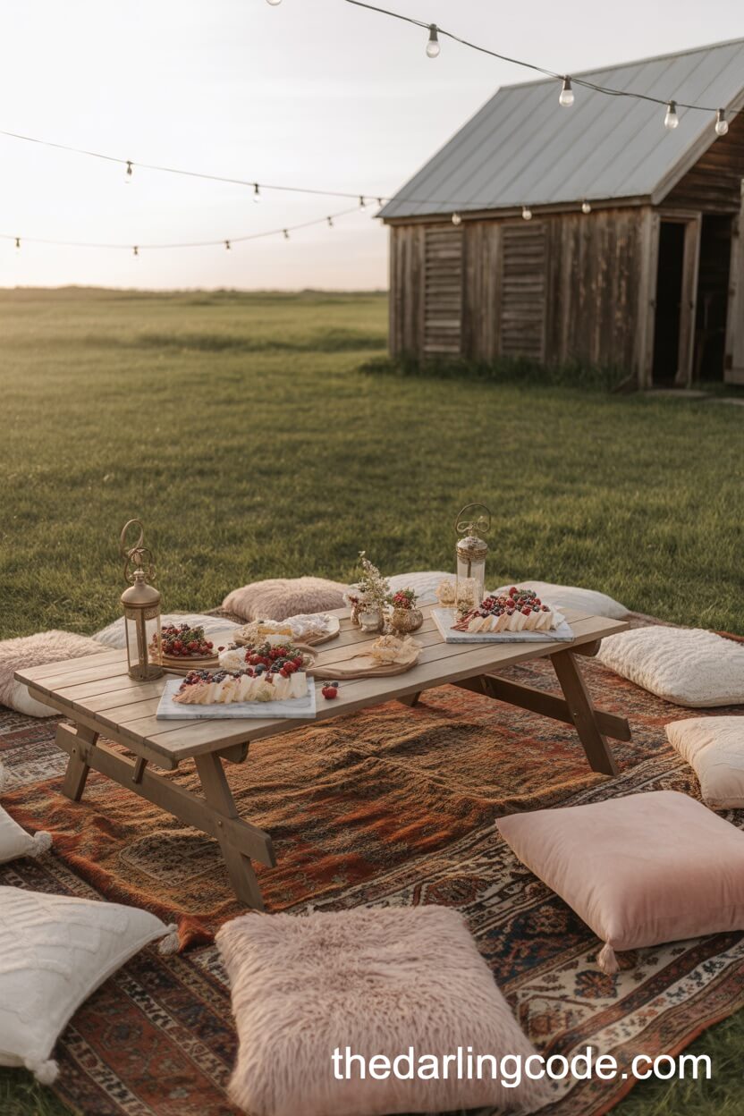 Low Picnic Table Lounge With Cushions And Grazing Platters