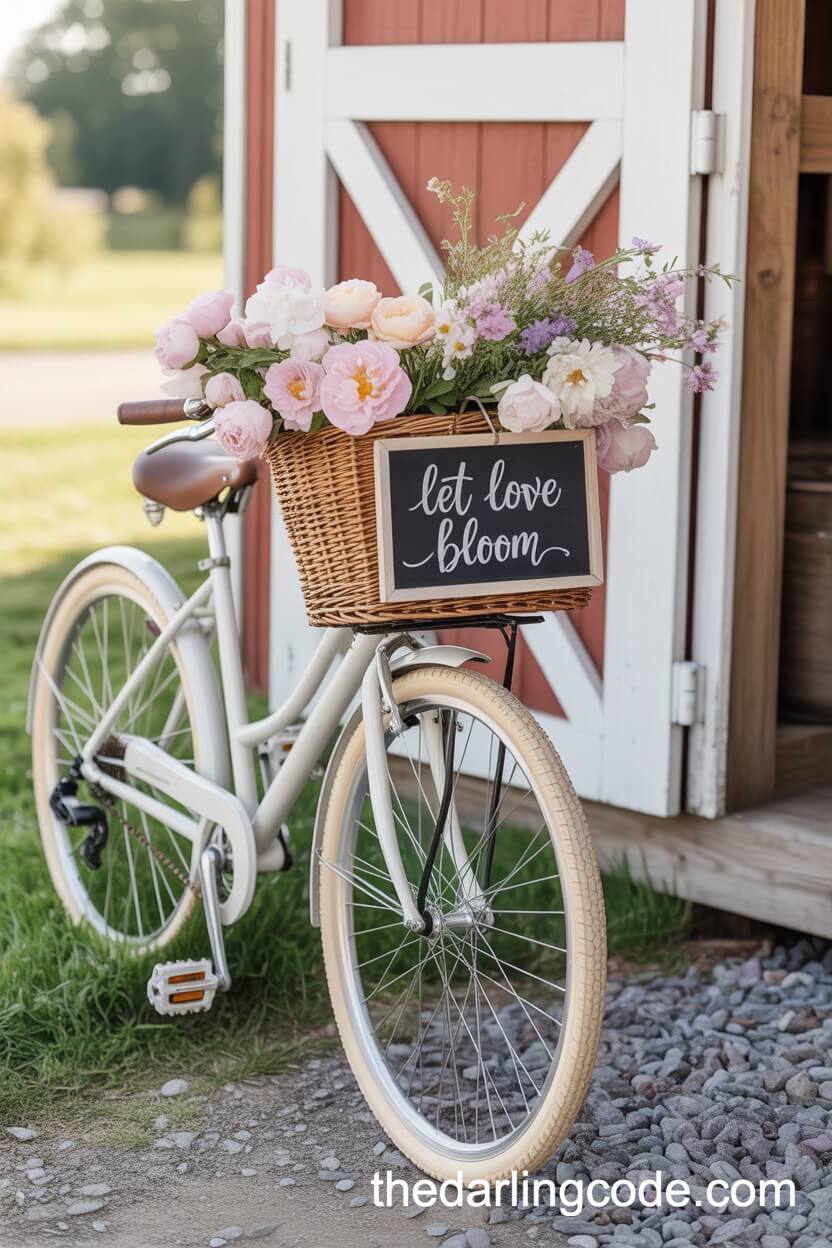 Vintage Bicycle With Floral Basket And Chalkboard Sign