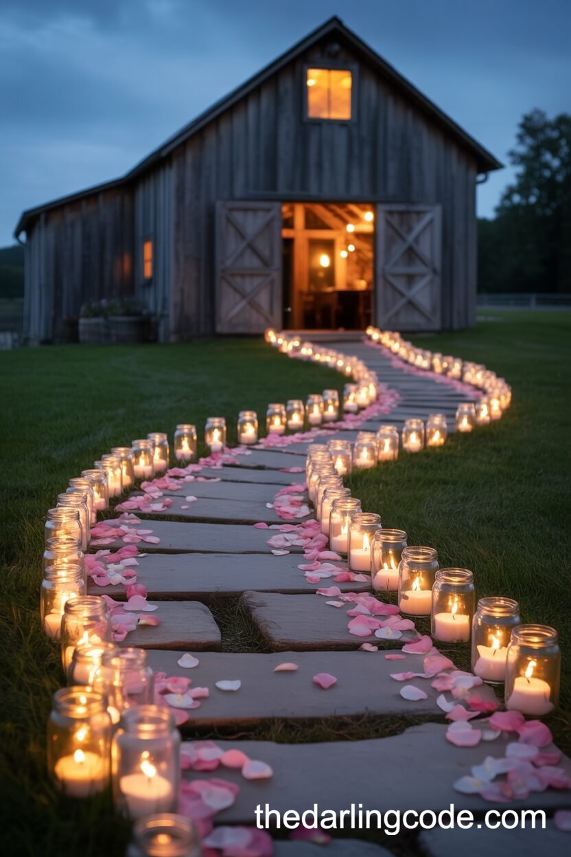 Candlelit Pathway With Mason Jars And Rose Petals