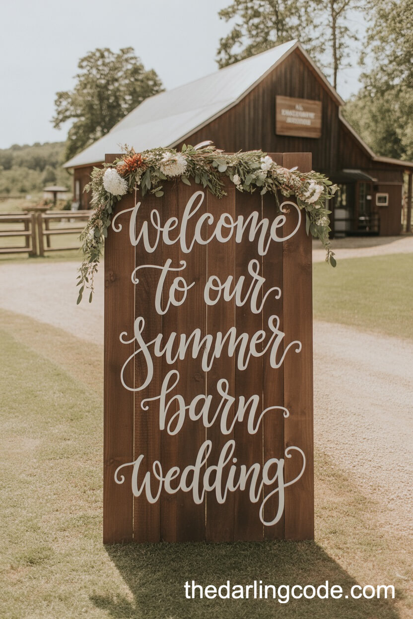 Rustic Wooden Welcome Sign with Wildflower Garland