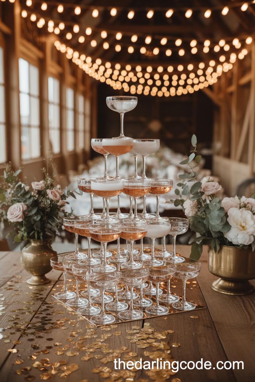 Champagne Tower Sparkling Under Barn Fairy Lights