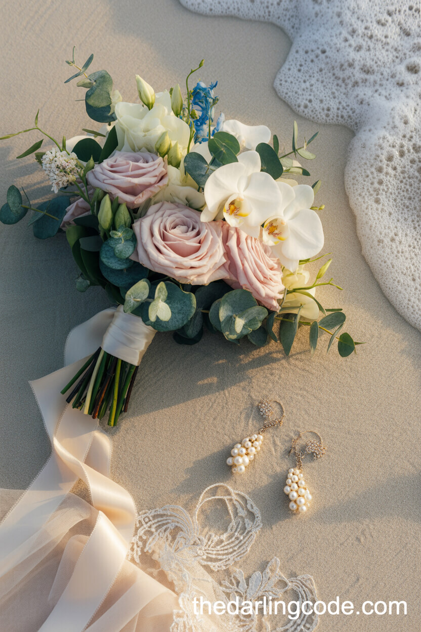 Luxurious Bridal Bouquet Flat Lay On Sand
