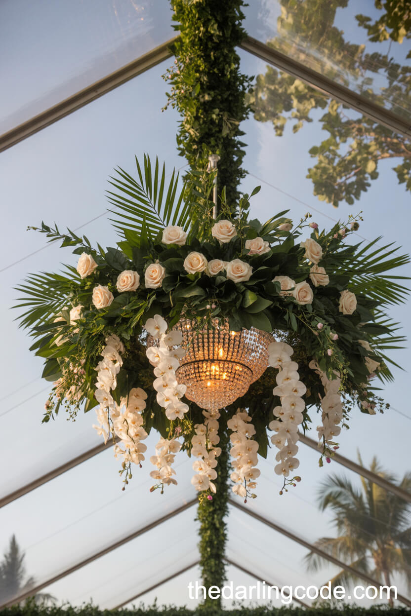 Dramatic Hanging Floral Chandelier Reception
