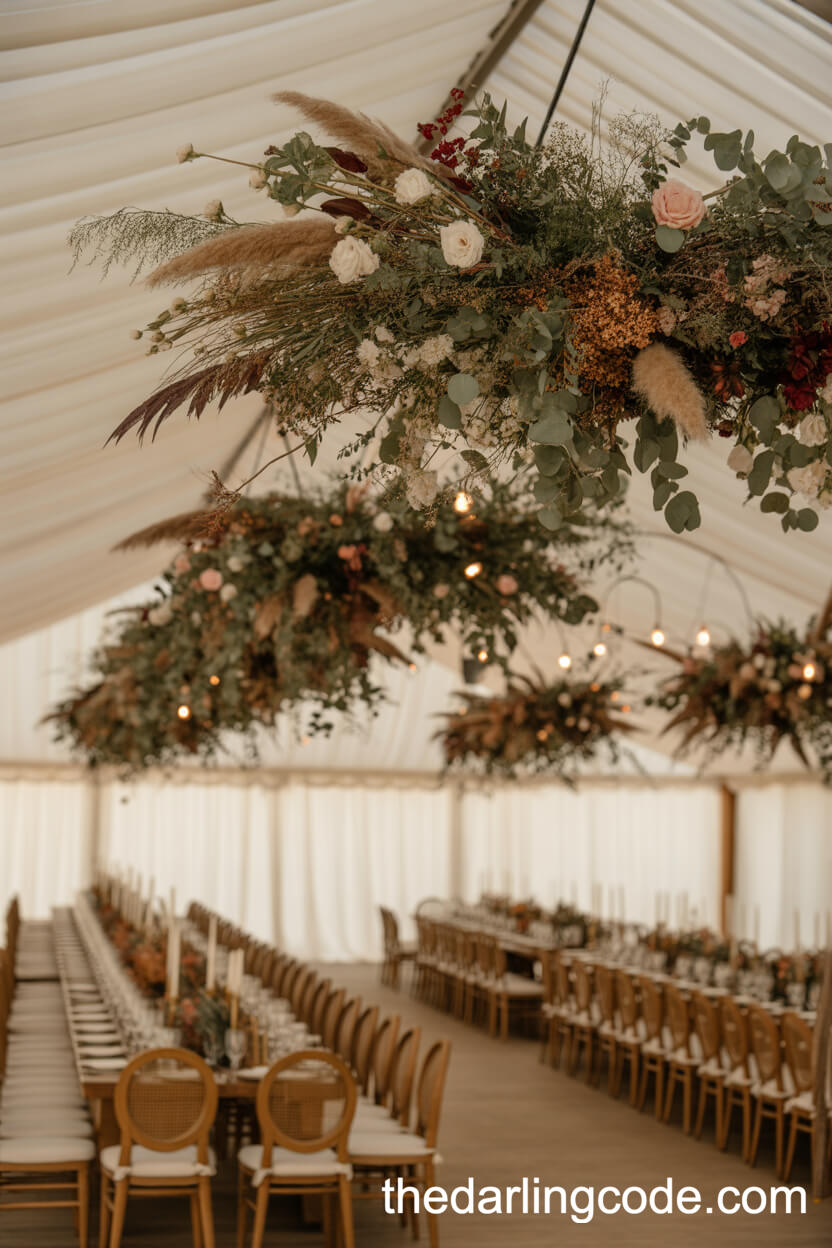 Hanging Floral Installations Above Reception Tables
