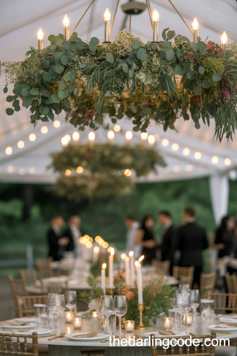 Greenery Chandeliers At The Wedding Reception