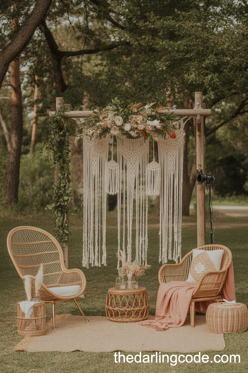 Outdoor Boho Photo Booth With Macramé Backdrop