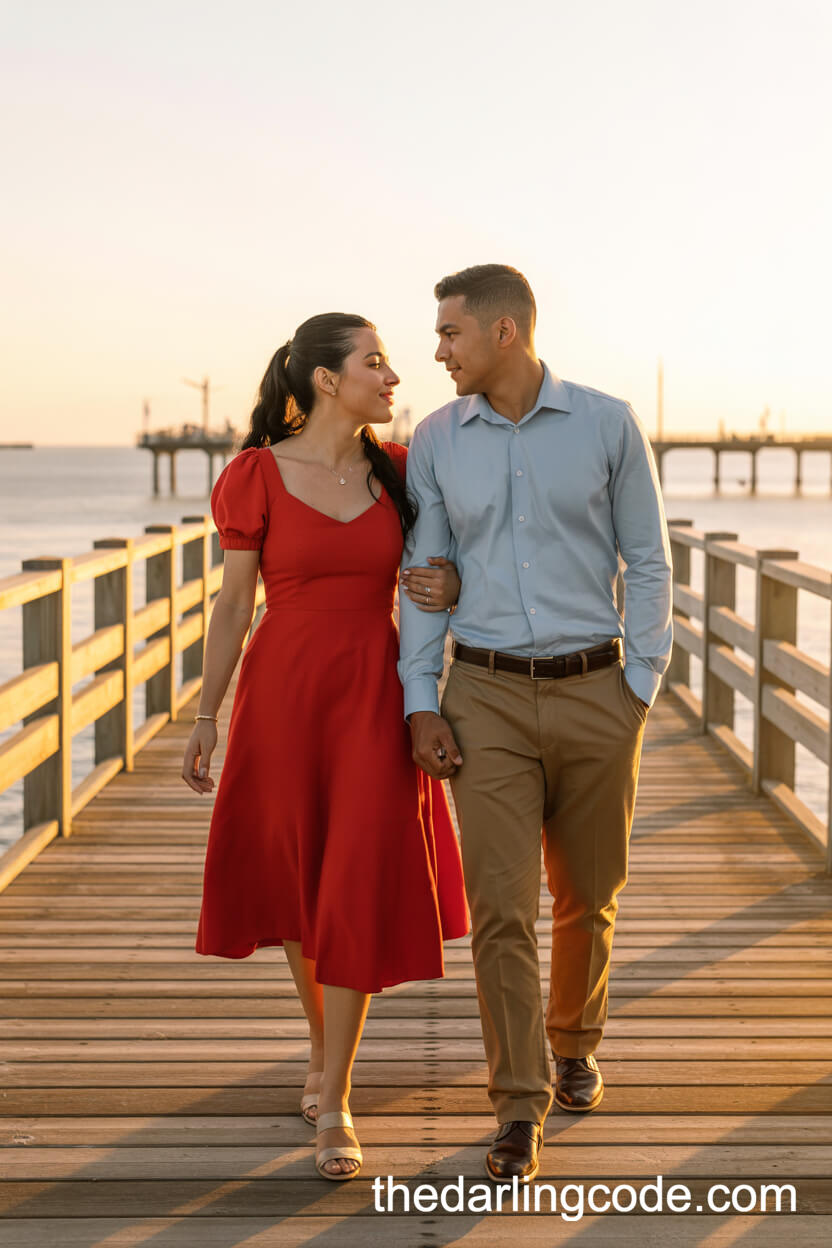 Red Midi Dress And Light Blue Dress Shirt