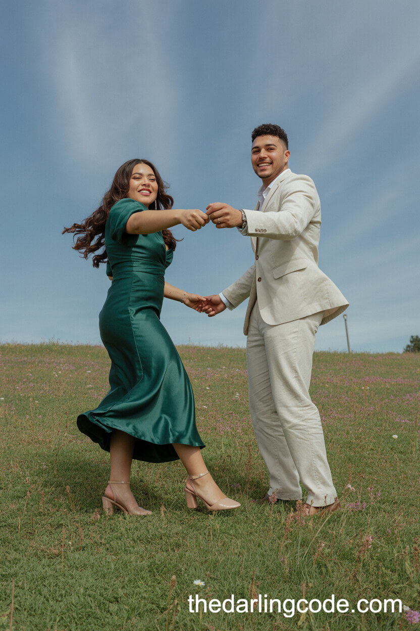 Emerald Green Satin Dress And Cream Linen Suit