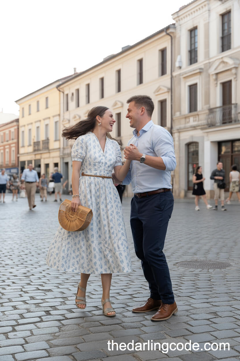 White Dress With Blue Floral Patterns And Light Blue Shirt