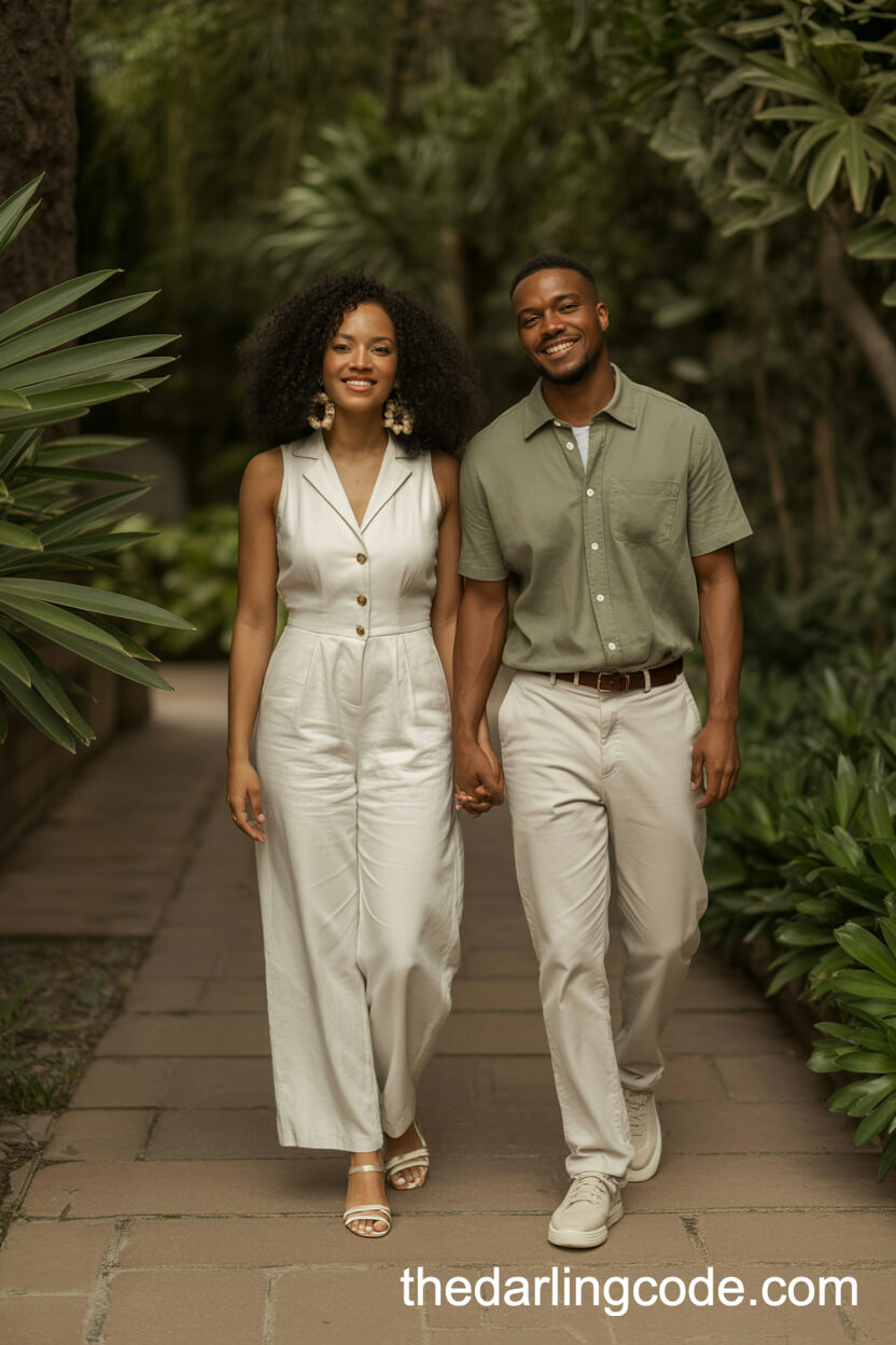 Classic White Linen Jumpsuit And Sage Button-Down