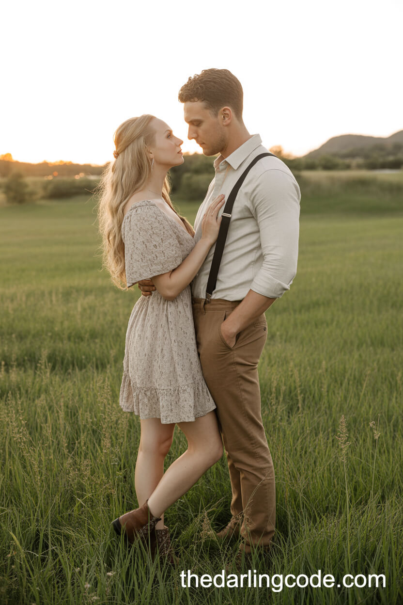 Lacy Boho Dress And Beige Chambray Shirt With Suspenders